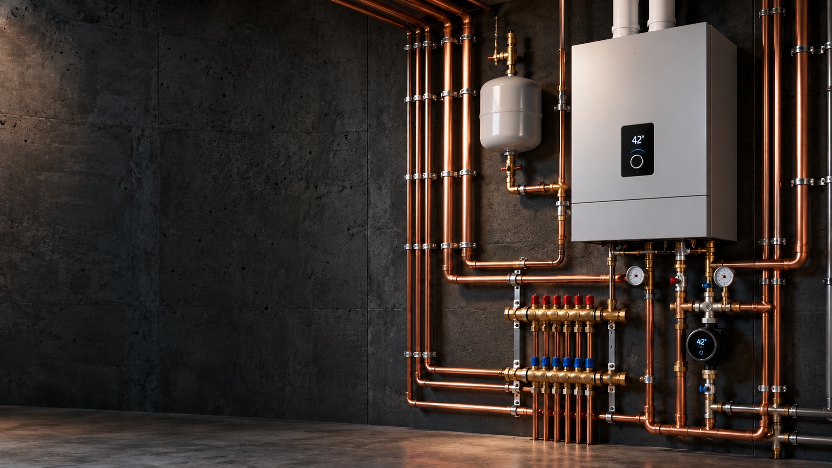 Illustrative visualization of one premium boiler with a centered thermostat display, neat copper pipework, two pressure gauges and a circulation pump.